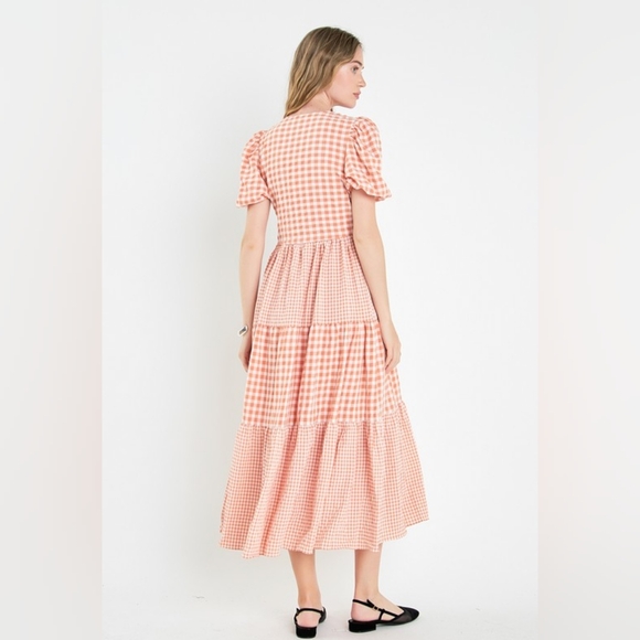 NWT - Gingham Puff Sleeve Sienna Check Combination Midi Dress - Size S - Picture 1 of 10